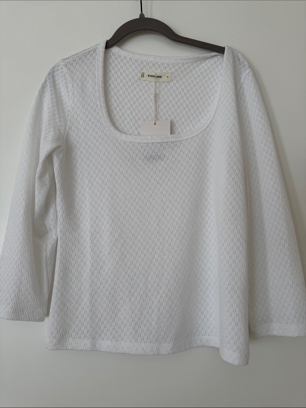 Everlane Pointelle White Scoop Neck Long Sleeve Knit Top NWT Medium Basics 90s
